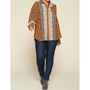 NEW ODDI plaid oversized floral and animal print plus shirt in mustard and brown